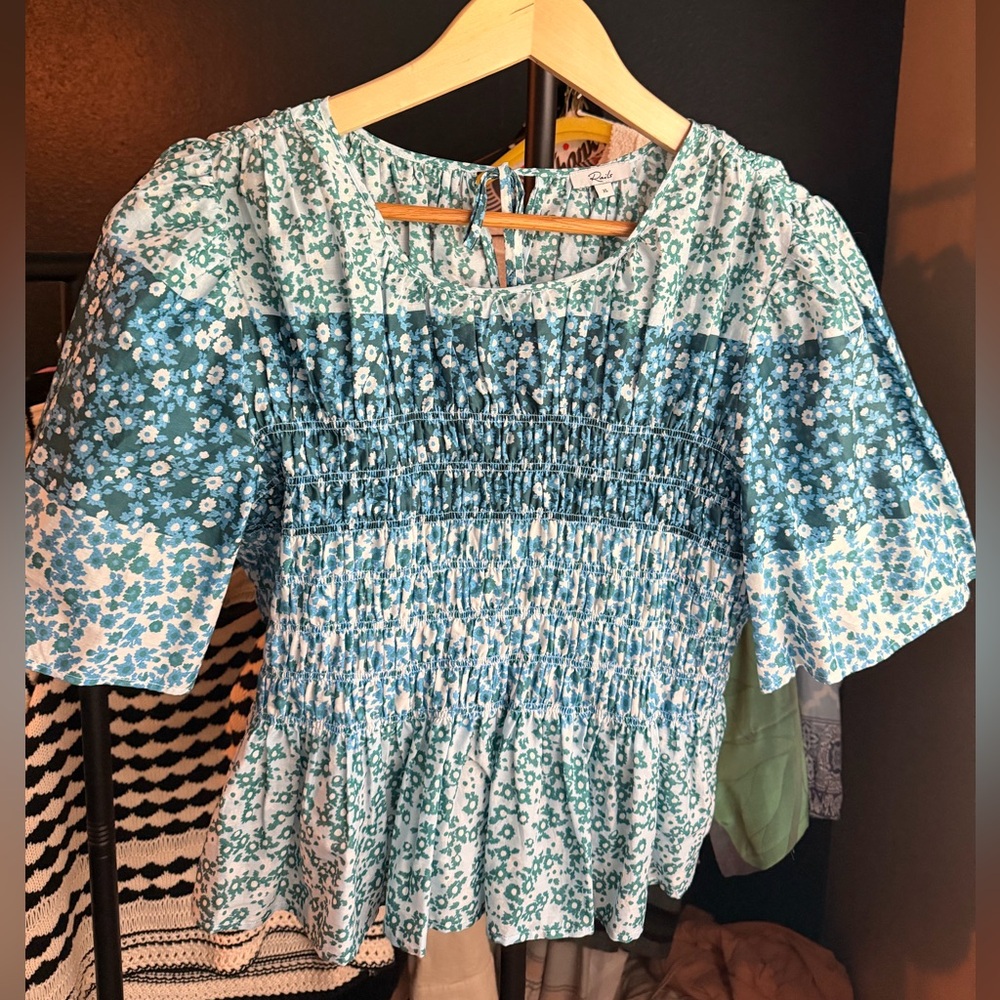 Rails Teal Floral Smocked Blouse